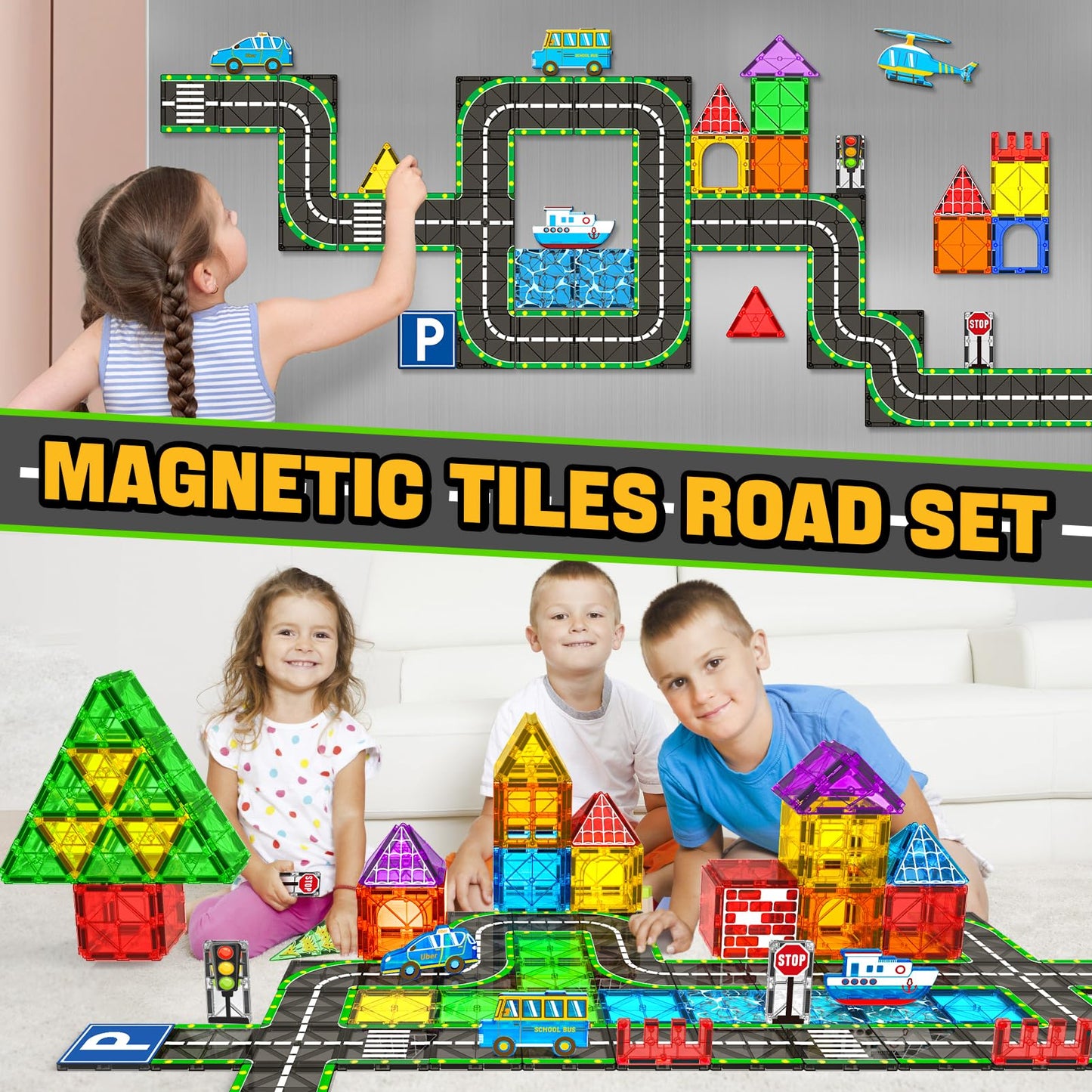 Magnetic Tiles Road Set With Car Magnet Building Tile Toys For Kids Ages 3-5 4-8 5-7 Magnetic Blocks Expansion Pack Stem Constru