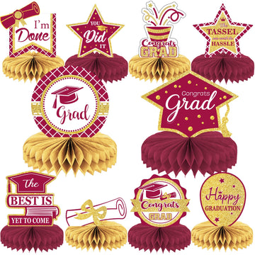 10Pcs Class Of 2023 Graduation Party Decorations 2023 Congrats Grad Honeycomb Centerpieces Congratulate Graduation Table Toppers For Graduation Party Favor Supplies(Maroon)
