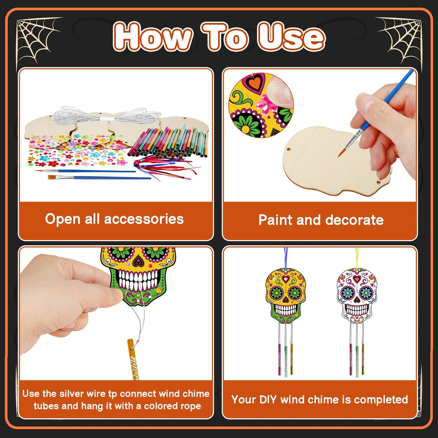Fennoral 9 Pack Skull Wind Chime Kit For Kids Make You Own Day Of The Dead Wind Chime Hanging Ornaments Diy Coloring Wooden Hall