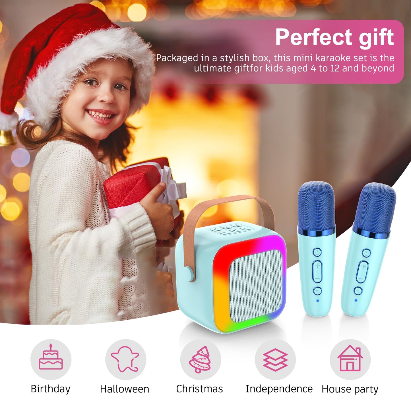 Szozzo Mini Karaoke Machine For Kids,Portable Bluetooth Karaoke Speaker With 2 Wireless Microphone And Led Lights, Toys Birthday