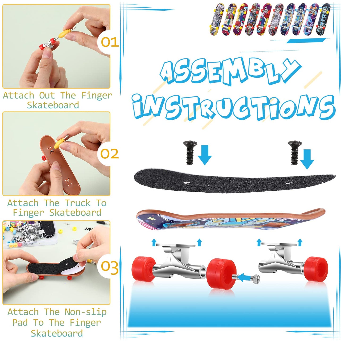 Civaner 10 Pack Valentines Day Diy Kids Finger Skateboard Set With Box And Replacement Accessories, Mini Collectible Fingerboard, Finger Toy Kit, Valentine Party Favor For Kids Children Finger Skater