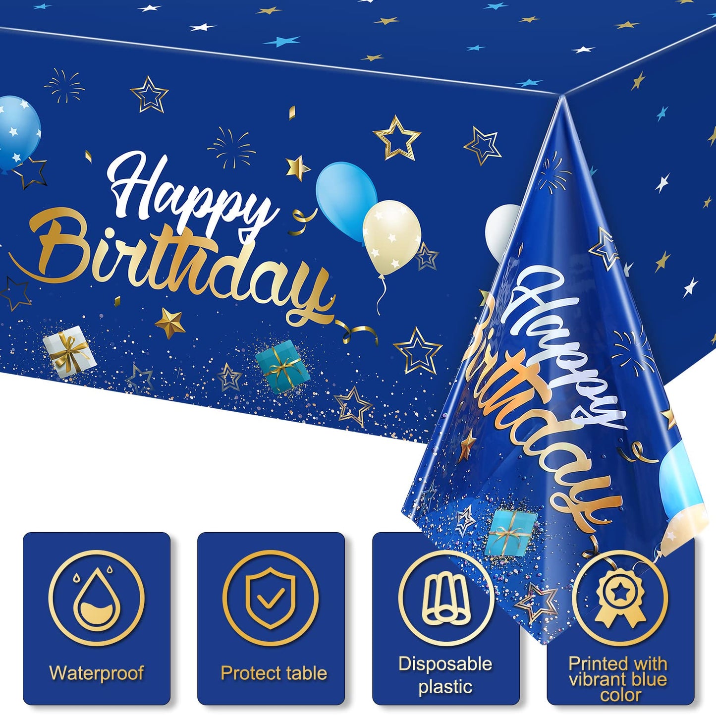 Navy Blue Party Supplies Blue Stars Happy Birthday Tablecloths Blue Starry Confetti Table Covers For Kids Boys Girls Baby Shower