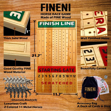 FINENI Horse Racing Game for Adults - 22” Pine Wood Board with 11 Metal Horses, Dice & Cards, Log Color2