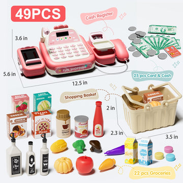 Stactcute 49Pcs Pretend Play Cash Register Toy Set For Kids With Real Calculator,Scanner,Microphone,Conveyor Belt,Weighing Tool,