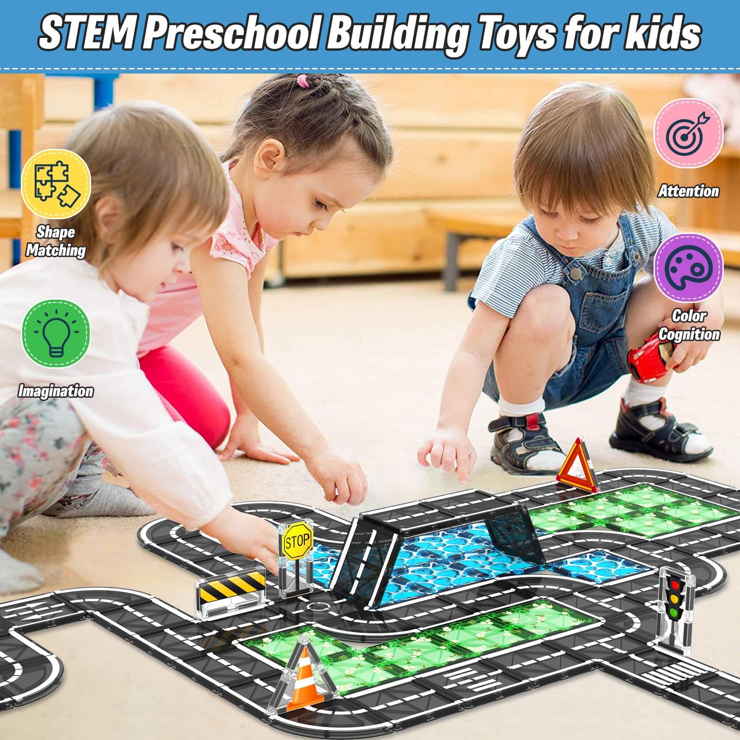 Magnetic Tiles Roads Construction Toys, Traffic Themed Building Blocks Set, Toddler Kids Toys For 3+ Year Old Boys Girls, Montessori Stem Sensory Toys, Preschool Learning Educational Toys Gifts