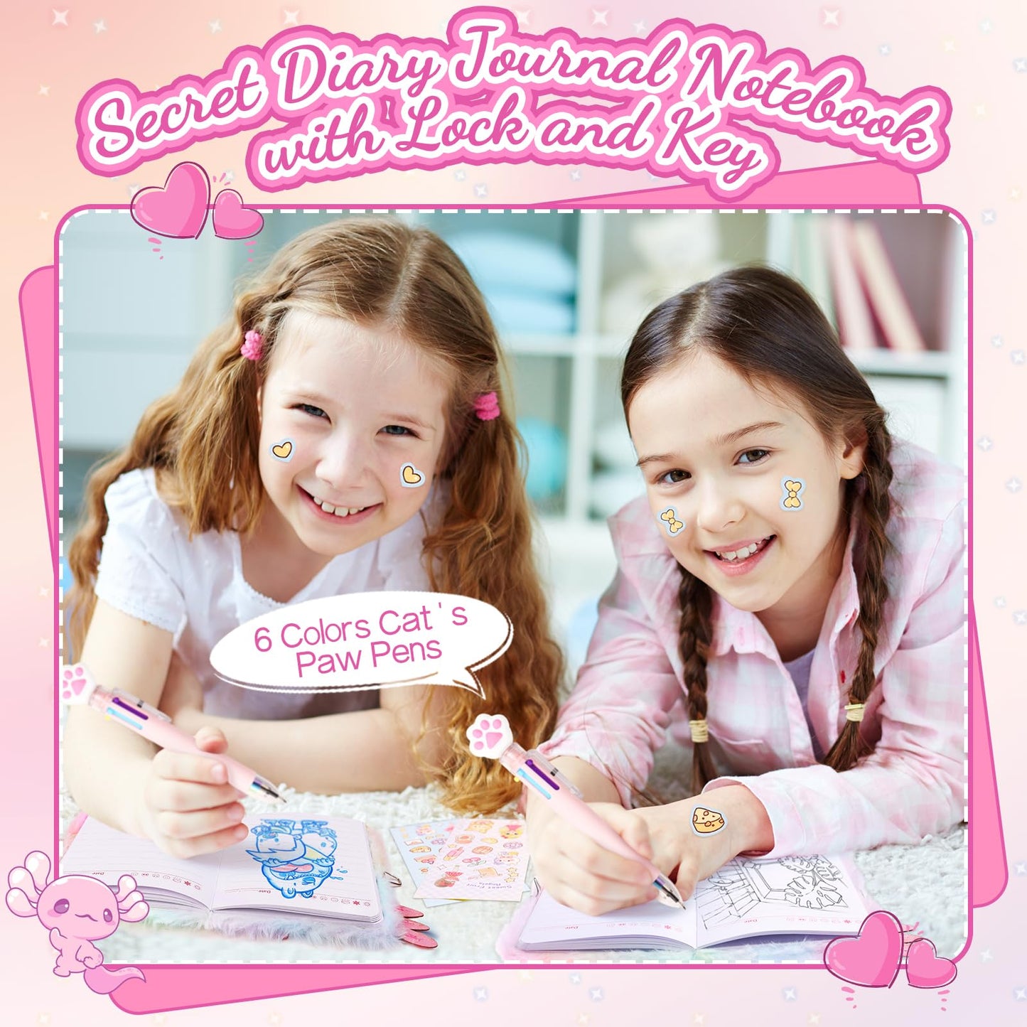 Prinbarbee Mini Axolotl Diary For Girls With Lock And Keys,4.7X6.1In Kids Journal School Travel Notebook Gift Set For Writing An