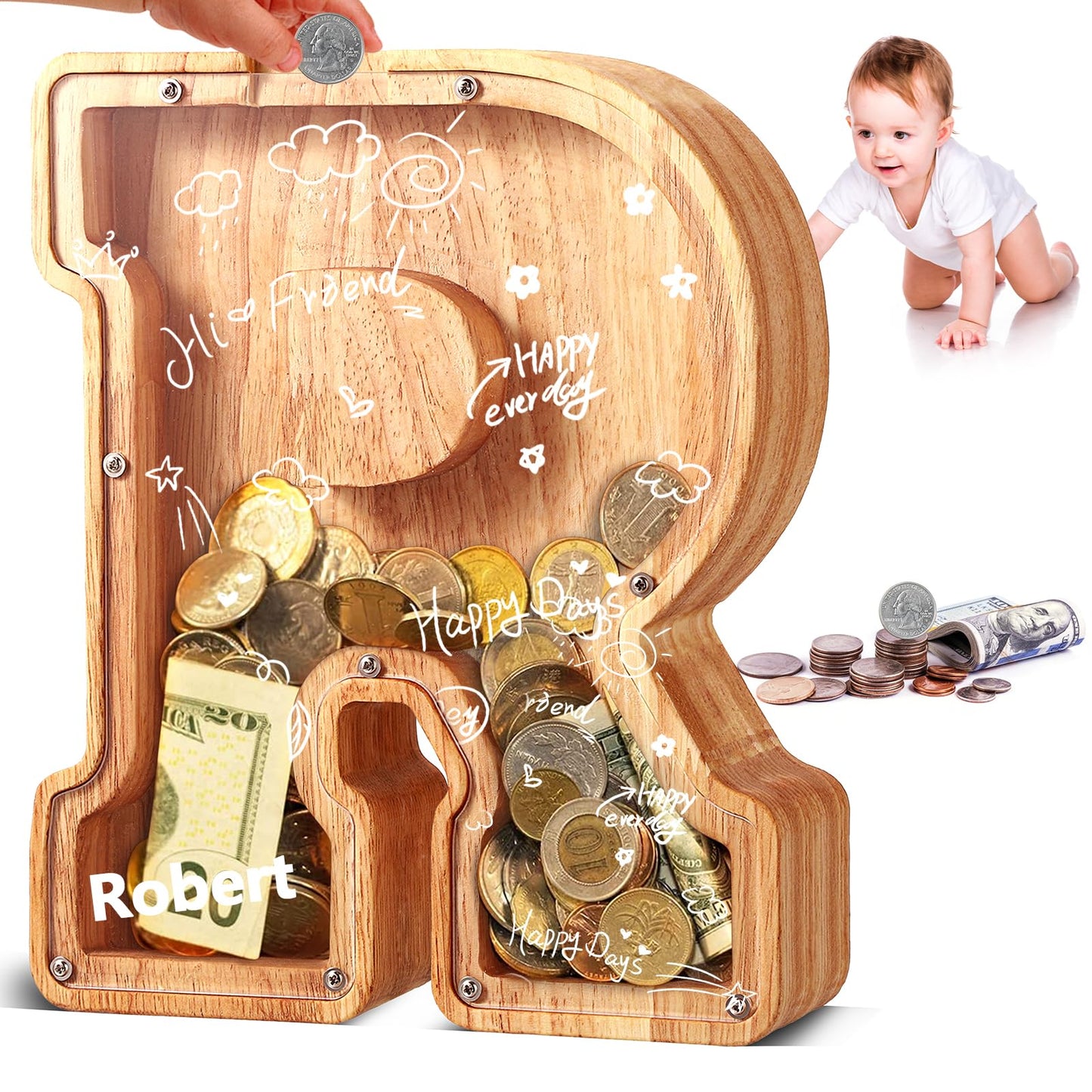 Ubeesize Wooden Letter Piggy Bank For Boys Girls Toddler,Alphabet A-Z Money Bank,Coin Box Birthday Gift,Children'S Gift Decorati