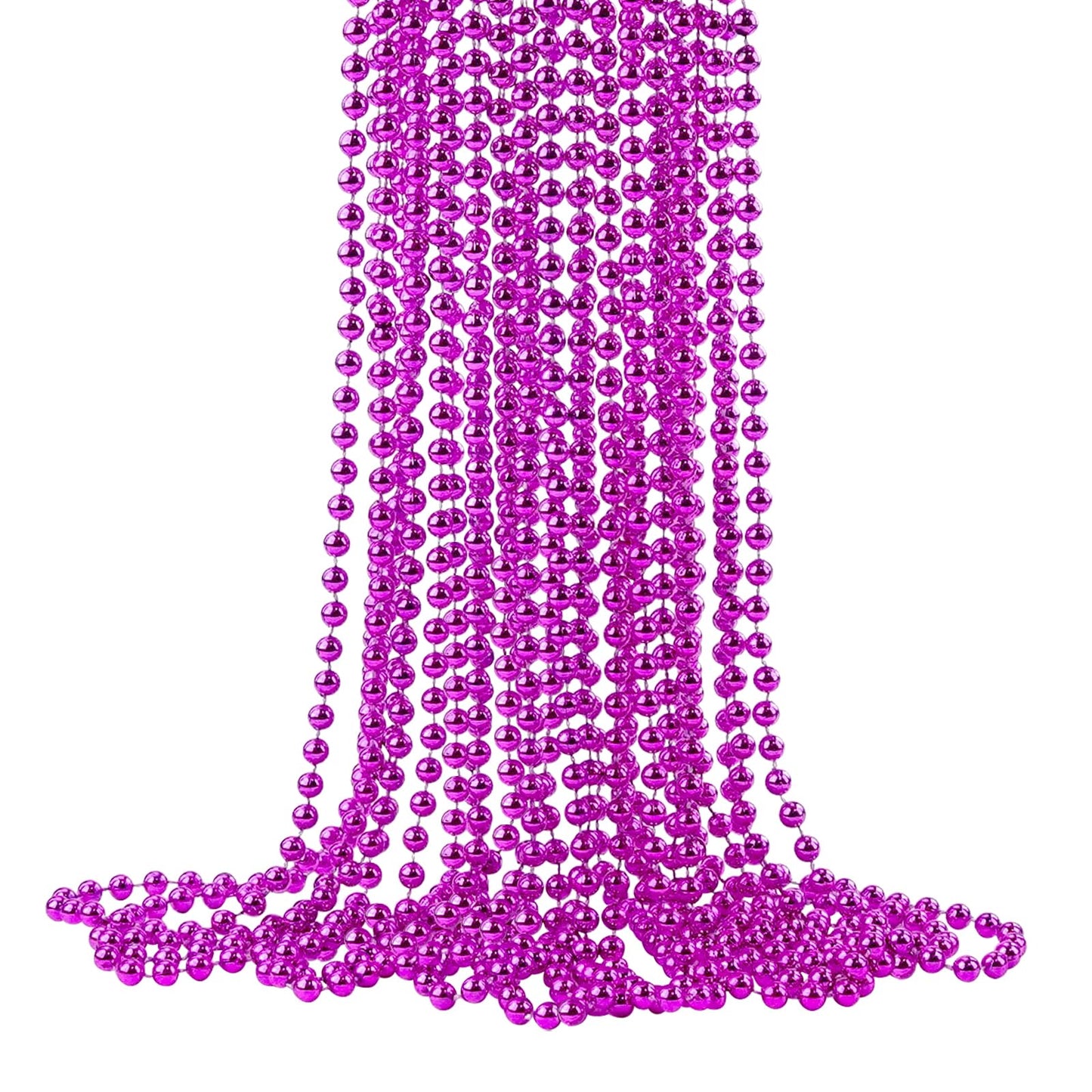 YAXINRUI 33 Inch 7 mm Metallic Hot Pink Bead Necklaces, 15pcs Mardi Gras Beads Bulk Round Beaded Necklaces Costume Necklace for