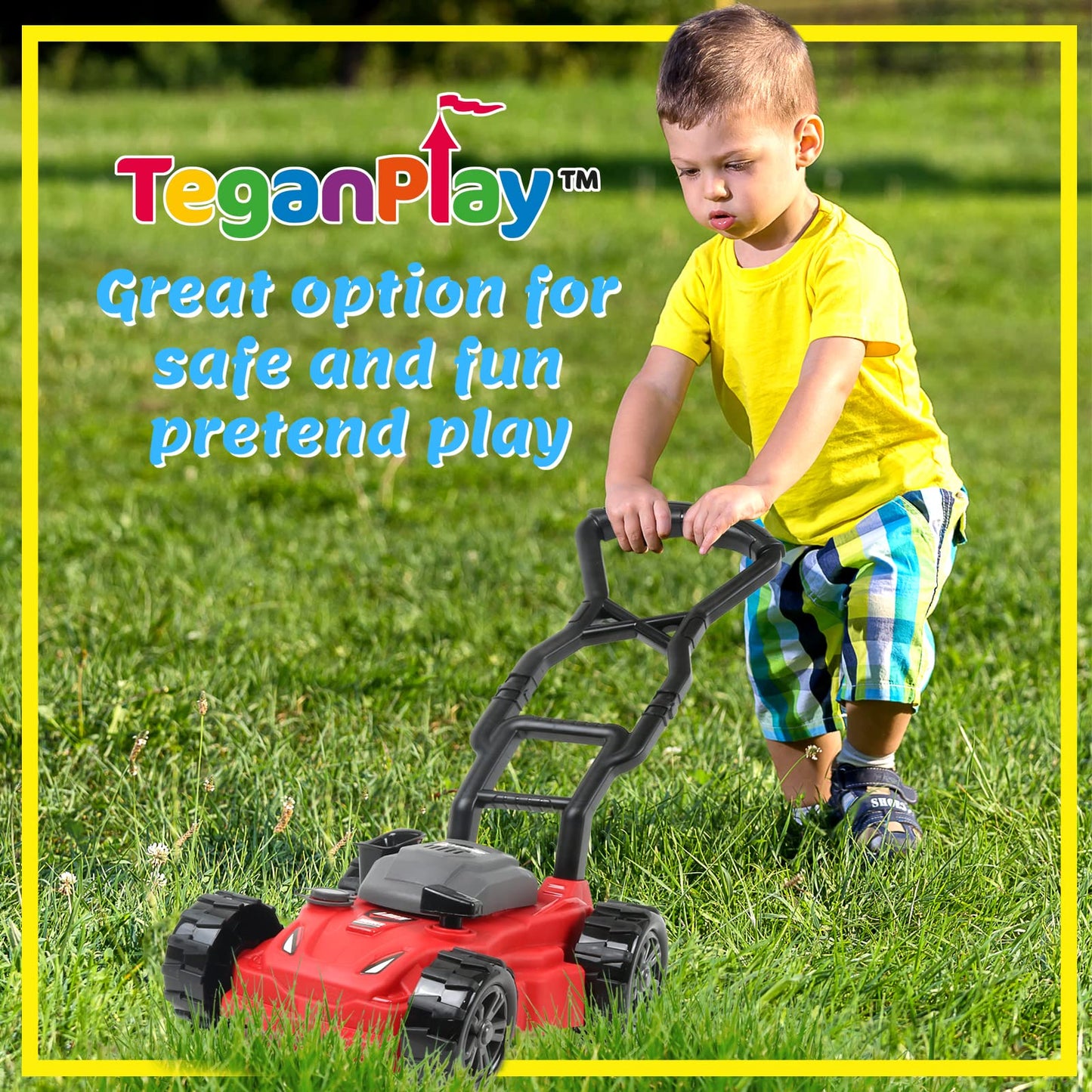 Teganplay Kids Lawn Mower | Toddler Landscaping Gardening Tools And Equipment | Includes Mask Safety Goggles And Earmuffs