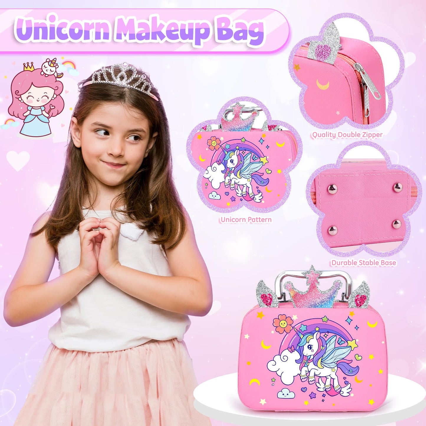 GINMIC Pretend Makeup for Toddlers, Pretend Play Makeup for Little Girls,Toddler Toys Makeup kit with Unicorn Cosmetic Bag for L