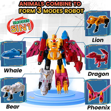 Wenbeier Animals 5-In-1 Combined Large Robot Toys Take Apart Toys -5 Action Figures Including Lion Dragon Whale Phoenix Bear Combine Into A Robot Deformation Toys Or Kids Ages 6 7 8 9 10(10“)