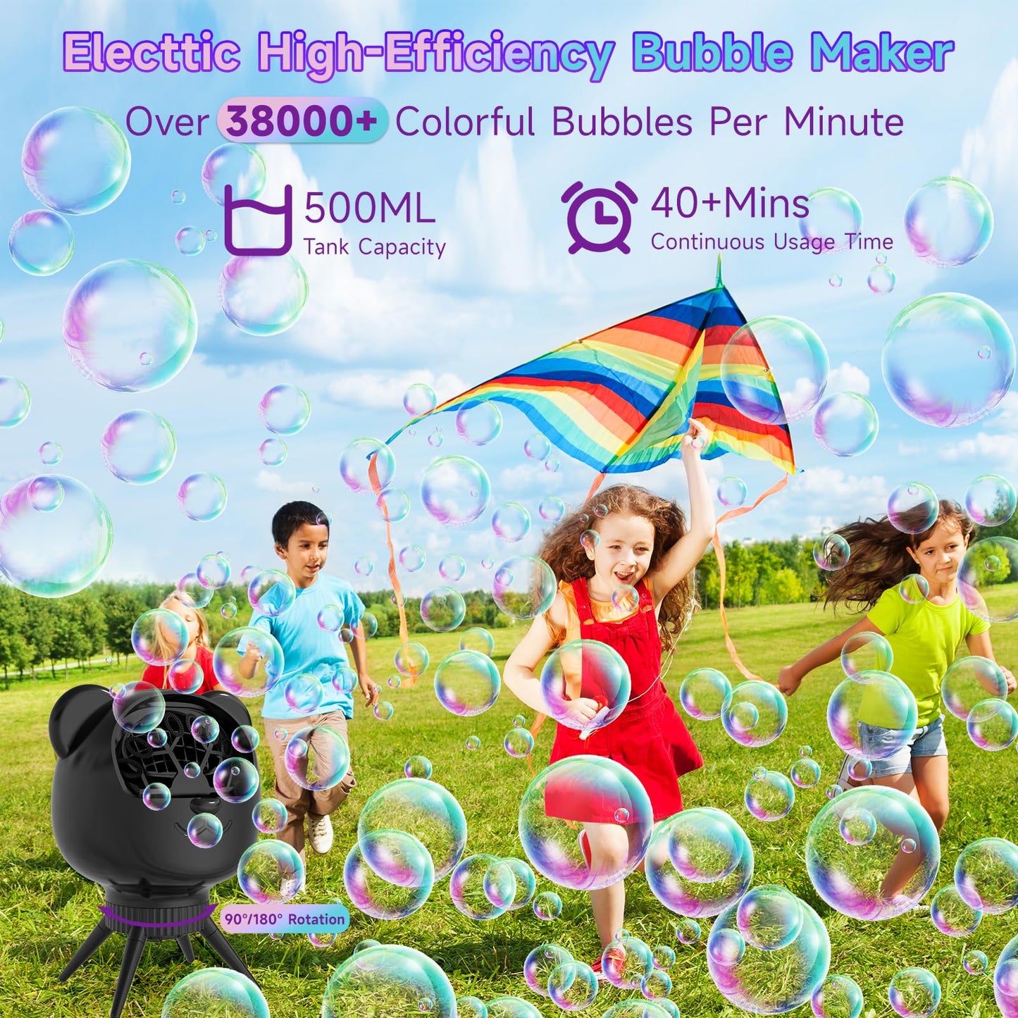 Rechargeable Bubble Machine For Kids & Parties, 38000+ Bubbles/Min, 90/180 Auto-Rotating Bubble Makers 500Ml Portable Bubble Blo
