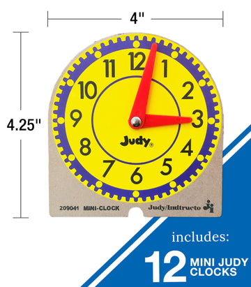 Carson Dellosa Mini Judy Clock Telling Time Clock Set, 12 Mini Judy Clocks, 4'' X 4'' Telling Time Teaching Clocks For Kids, Kin