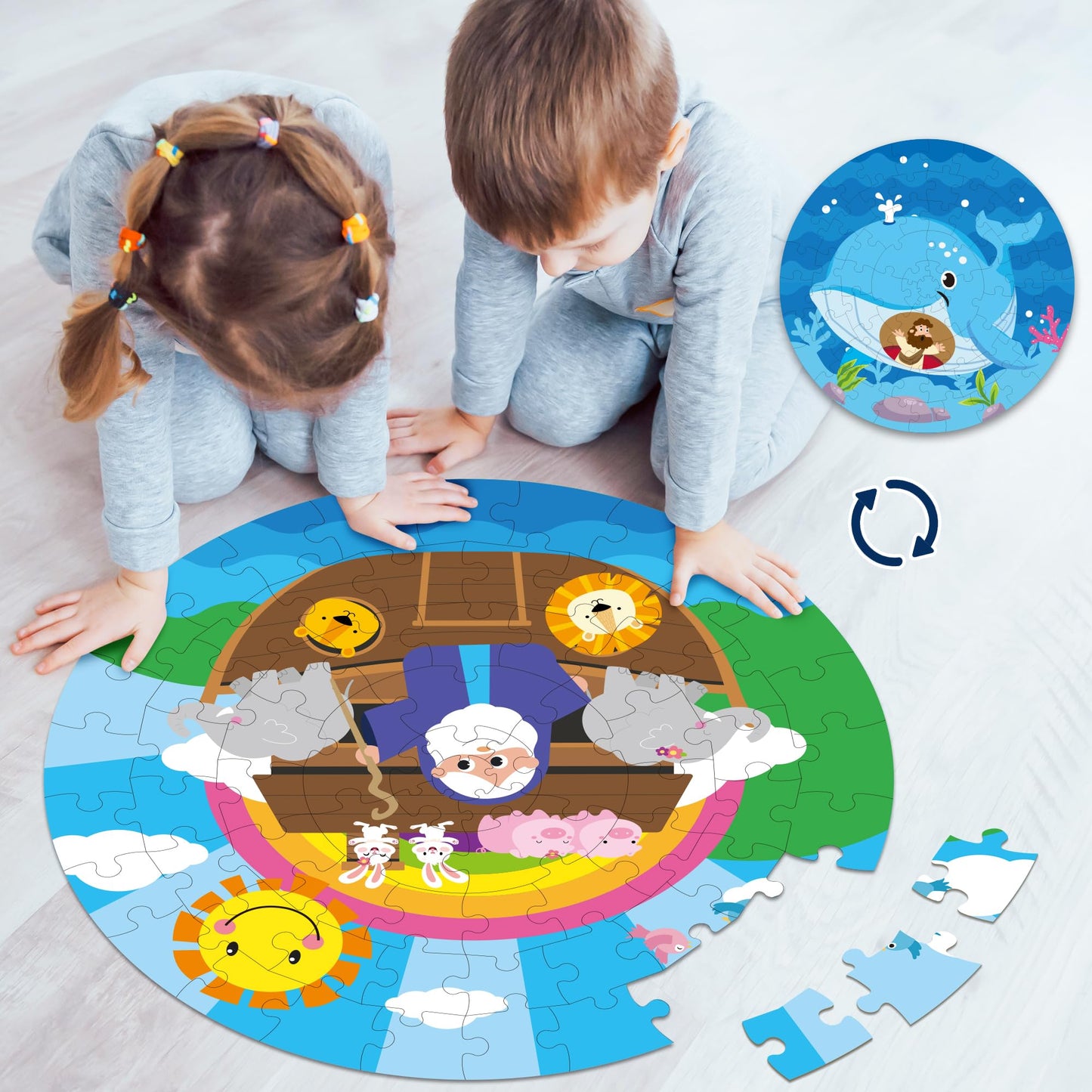 Haooryx Bible Stories Jigsaw Puzzles - 71pcs Noahs Ark & Jonah and The Whale Jigsaw Puzzle Set Double-Sided Cartoon Bible Storie
