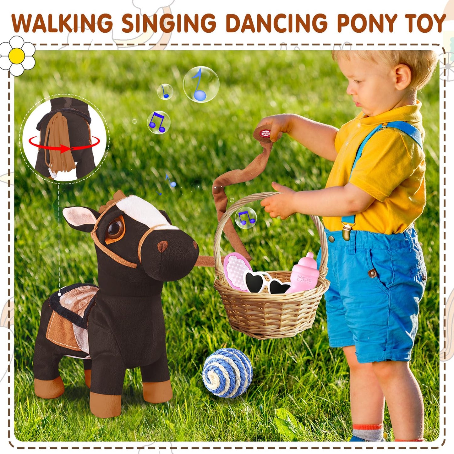 Black Walking Pony Plush Interactive Pony Toy Singing Dancing Musical Realistic Pony, Stuffed Shaking Leash Horse Toy Head Butto