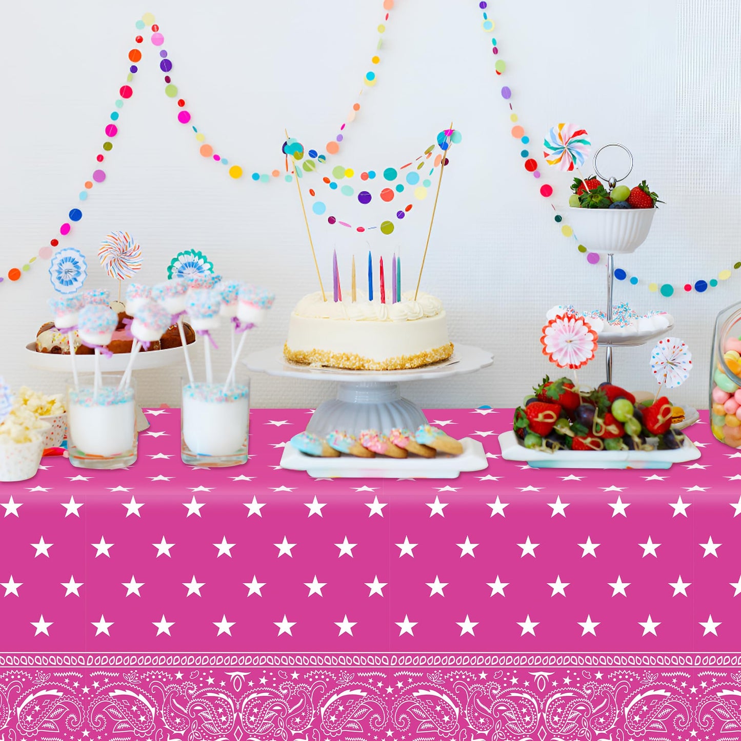 K1Tpde Pink Bandana Plastic 3Pcs Tablecloths, 87X51 Inches/ 9.8X7.2 Feet, Western Party & Cholo Theme Decorations, Pleated Corner Style, All-Season
