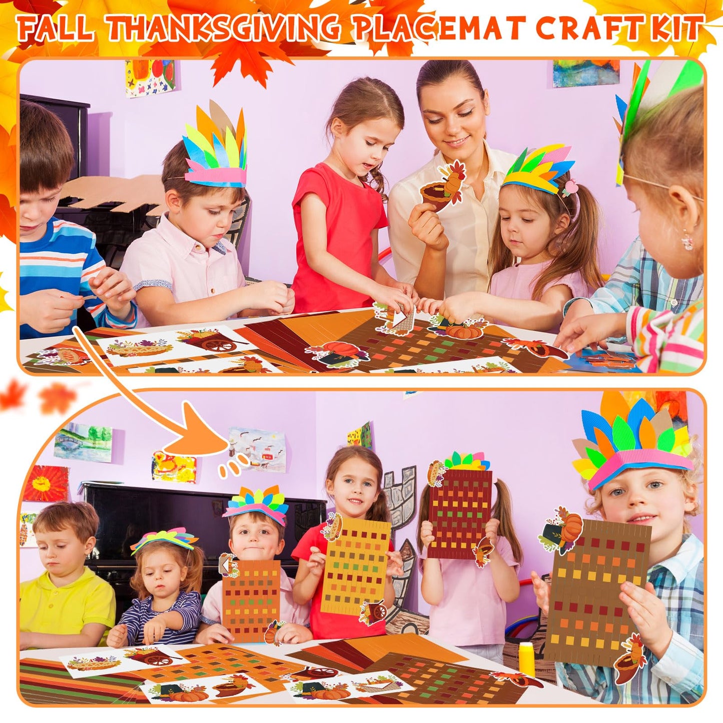 24 Sets Thanksgiving Crafts for Kids DIY Fall Pumpkin Placemat Turkey Maple Leaves Stickers Autumn Ornaments Paper Table Mats fo
