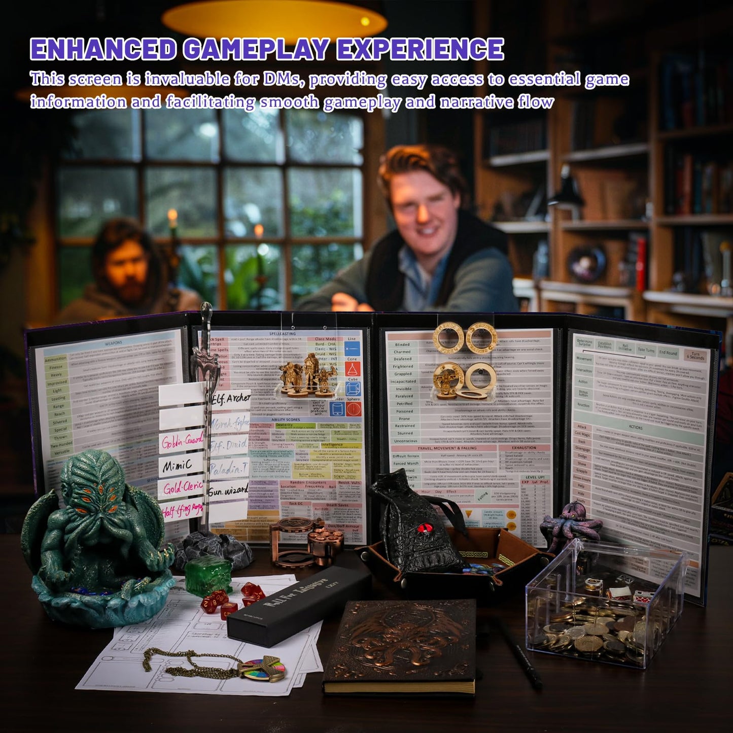 CZYY DM Screen 4-Panel Cardboard Game Master Screen with Erasable & Clear Pockets, Polar Enchantment Artwork Game Master Shield