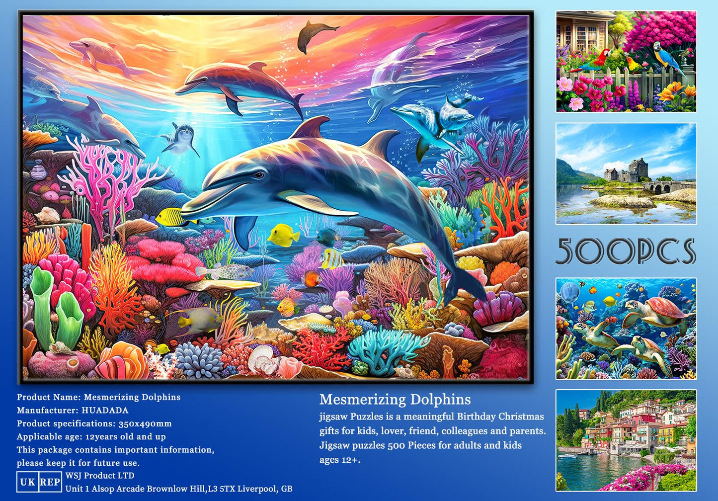 500 Piece Jigsaw Puzzle for mature-themeds -Dolphin Jigsaw Puzzles 500 Pieces Puzzles for mature-themeds-The Underwater World Finished Size 19.3 x 13.7