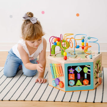 Teamson Kids 7-in-1 Wooden Activity Cube Station - Multicolor Bead Maze & Counting Toy, One Size, Model PS-T0005