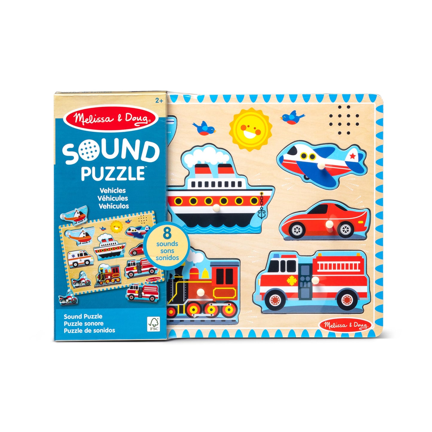 Melissa & Doug Vehicles Sound Puzzle - Wooden Peg Puzzle With Light-Activated Sound Effects (8 Pcs) Puzzles For Toddlers, Wooden Puzzles For Kids Ages 2+