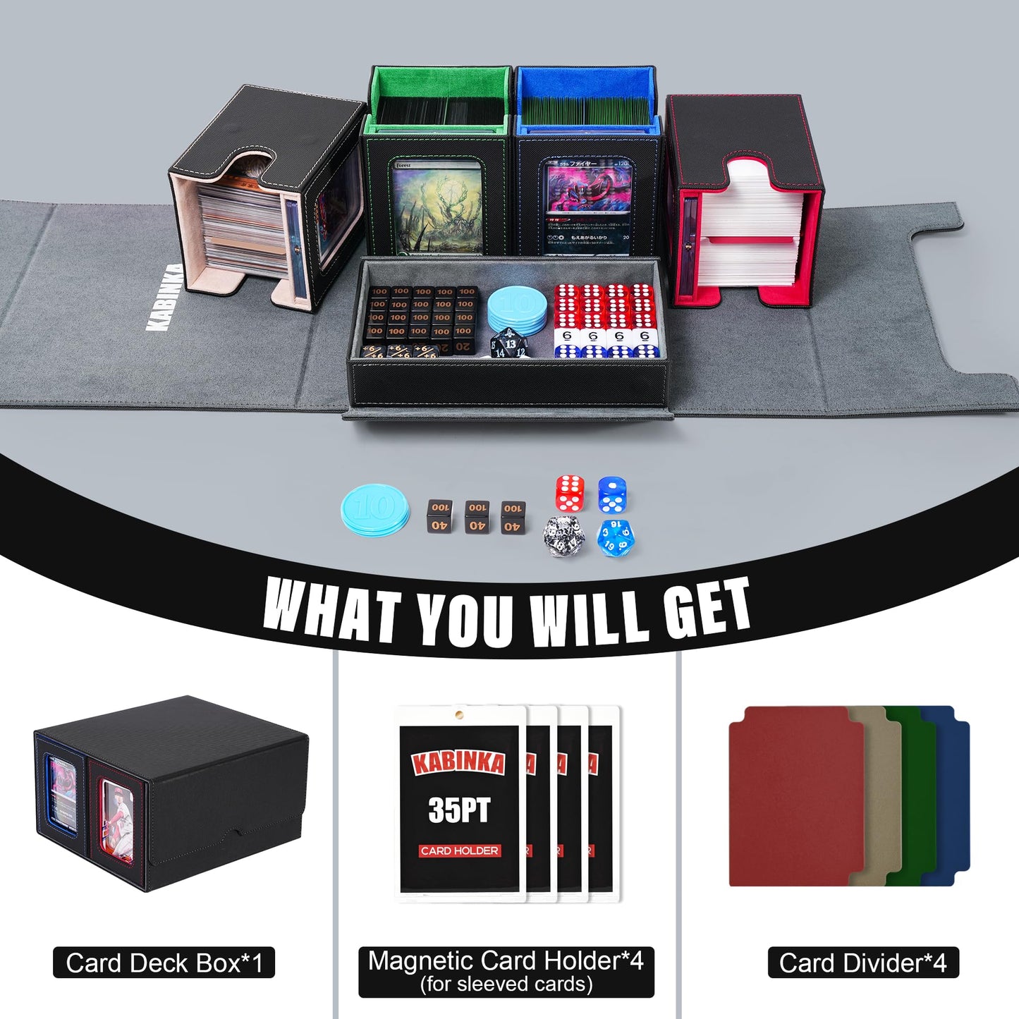 Kabinka Card Deck Box for MTG - 5 in 1 Trading Card Storage, Faux Leather, Colorful, Fits 400+ Double-Sleeved Cards with Dice Tray