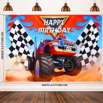 Monster Truck Party Supplies Include 1 Piece Monster Truck Backdrop 1 Piece Plastic Checkered Flag Tablecloth, Happy Birthday Mo