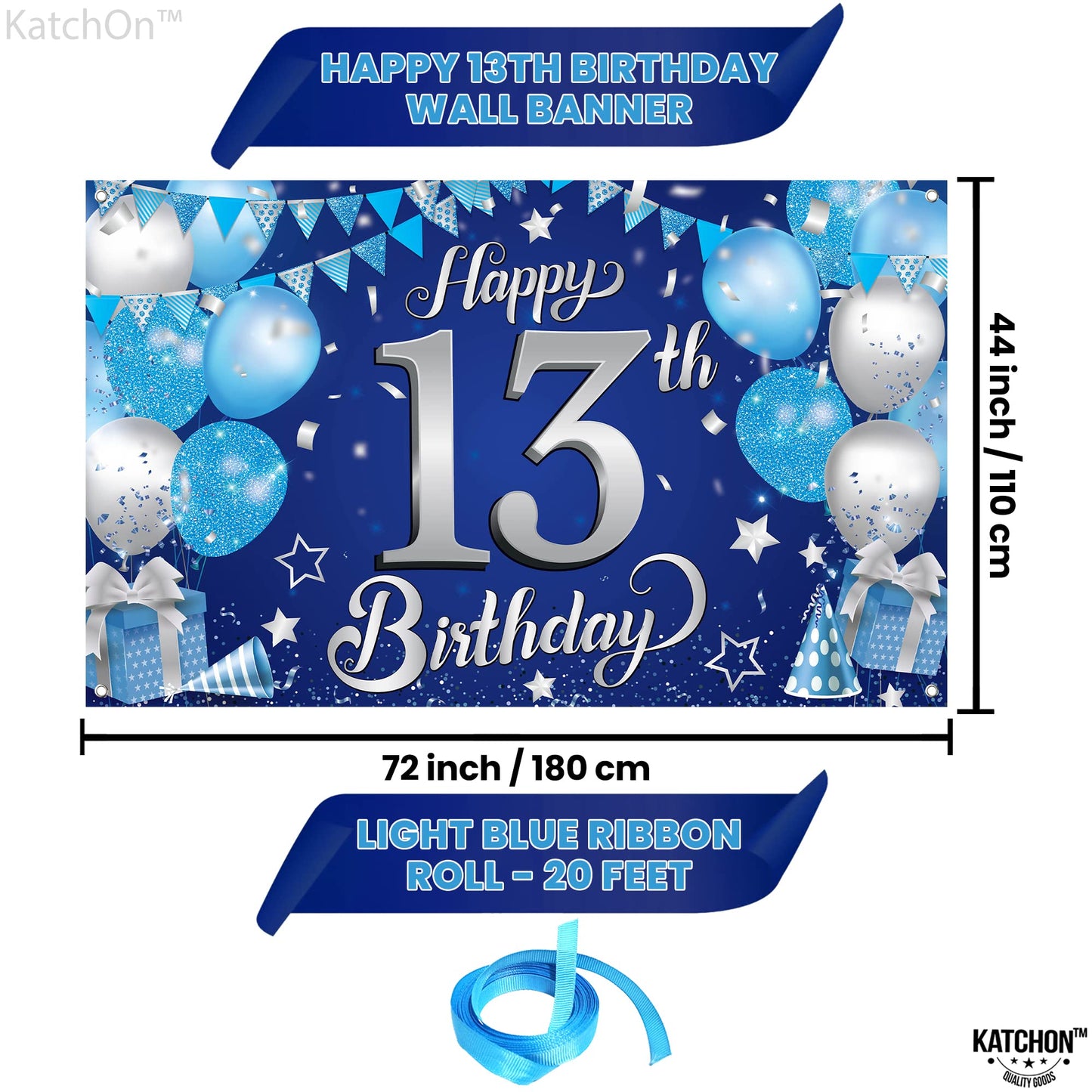 Katchon, Xtralarge Blue Happy 13Th Birthday Banner - 72X44 Inch | 13Th Birthday Decorations For Boys And Girls | Blue And Silver 13 Birthday Backdrop | Happy 13Th Birthday Decorations For Teenagers