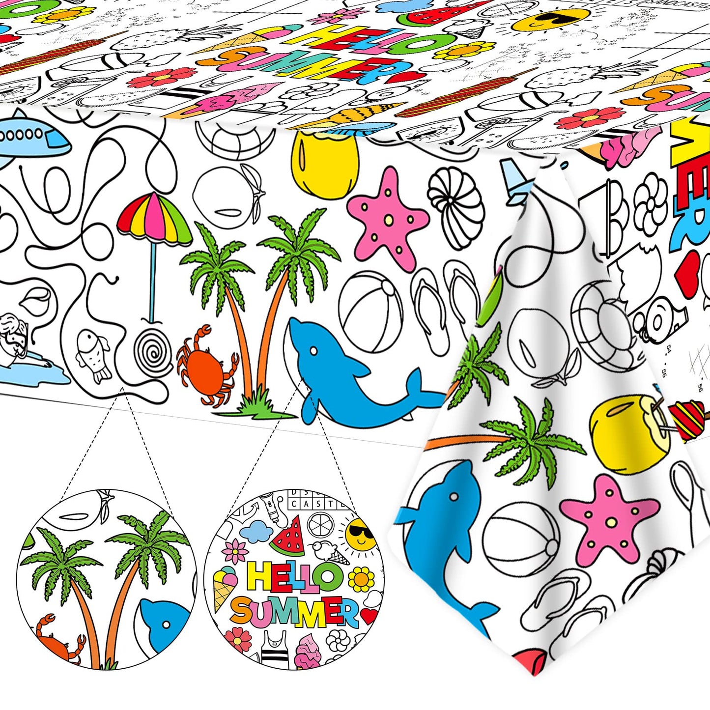 Qyeahkj Giant Summer Coloring Paper Tablecloth For Kids Huge Summer Beach World Posters Activity Large Color-In Poster Table Cov