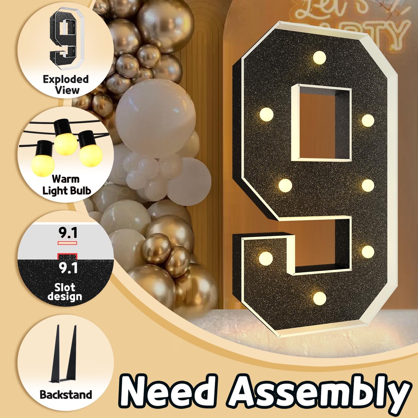 Imprsv Marquee Numbers Black 3Ft: Black Party Decor - Light Up Number 9 Large 3 Feet Tall - Birthday Decorations For Him Her 9Th
