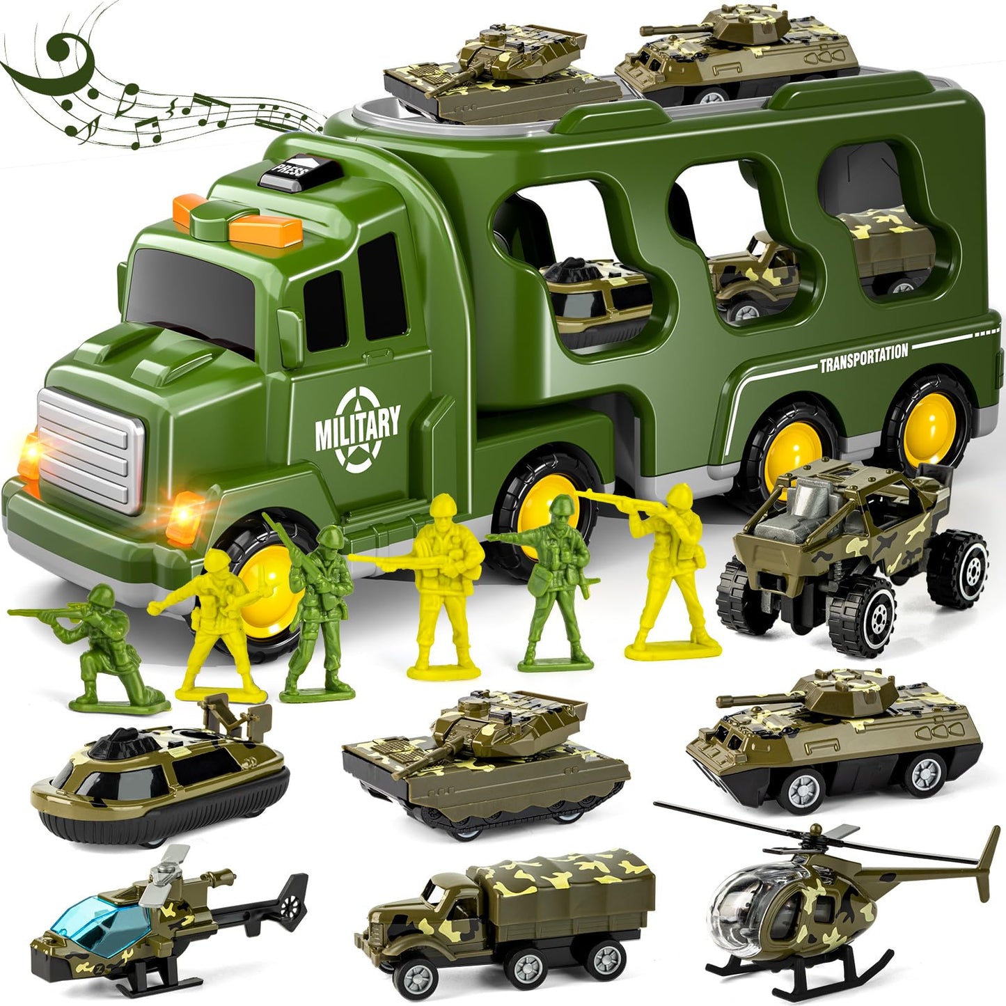 Doloowee 14 in 1 Green Military Truck Toys, Army Tanks Set with Soldier Men, Army Men Toys, Military Truck Toy with Lights and S
