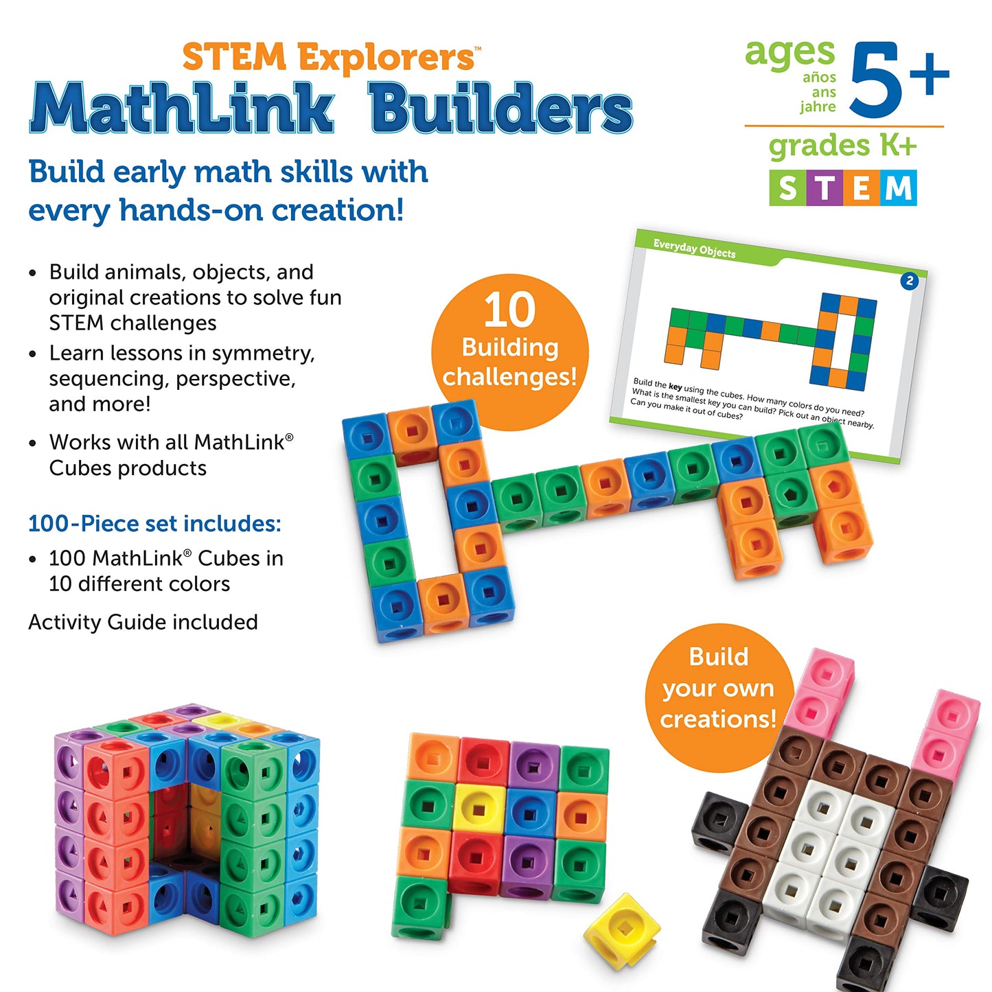 Learning Resources Stem Explorers Mathlink Builders - 100 Pieces, Ages 5+, Kindergarten Stem Activities, Math Activity Set And G