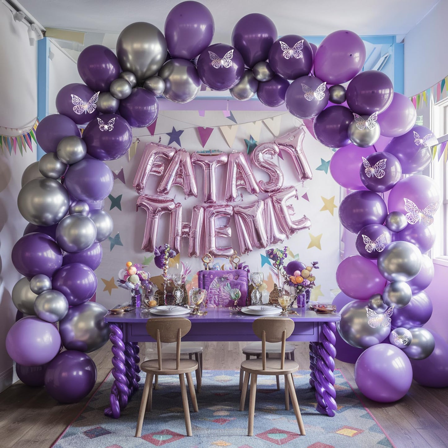 Purple Silver Balloon Arch Kit, Metallic Purple Silver Butterfly Balloons With Butterfly Stickers For Kids Butterfly Party Decorations Birthday Balloons Baby Shower Engagement Party Supplies