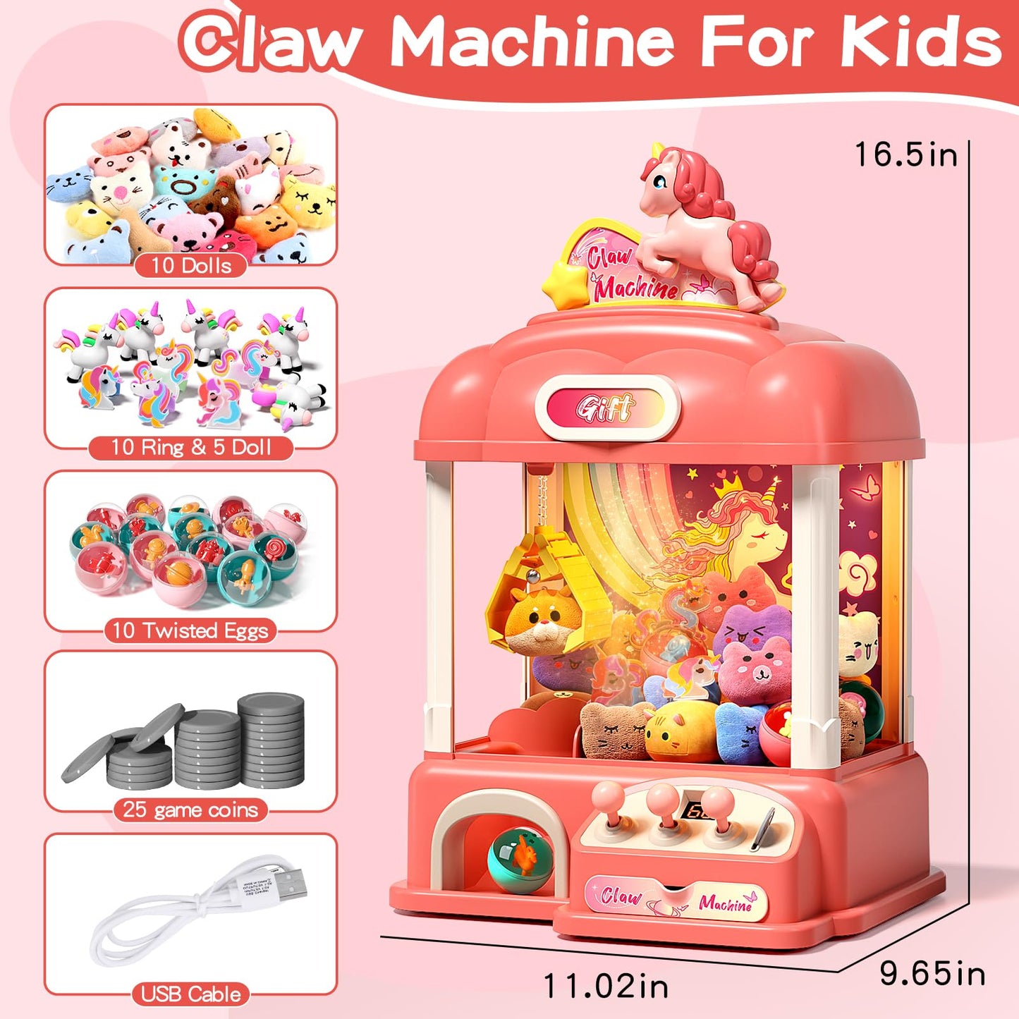 AIQI 60 PCS Large Unicorn Kids Claw Machine, Vending Claw Machine with Lights Sound, Candy and Prize Electronic Dispenser Game T
