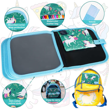 Qrytoi Erasable Doodle Set for Kids - Magic Drawing Book With 12 Watercolor Pens, 14 Page Reusable Drawing, Road Trip Car Game W