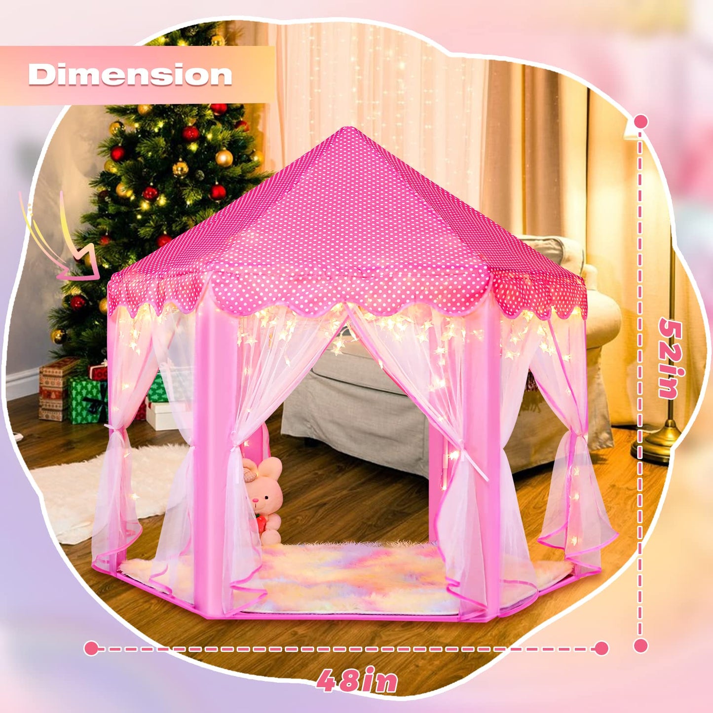 Senodeer Princess Tent With Rainbow Rug, Little Star Lights For Girls, Pink Play Tent For Kids, Girls Toys Set For Indoor Princess Games Decor, Princess Castle Playhouse
