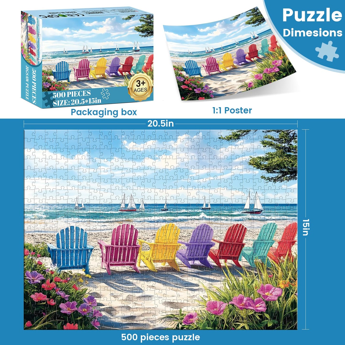 500 Piece Puzzle for mature-themed Hawaiian Beach Rainbow Chair Puzzle for Kids Teen mature-themeds Recycled Paper Fun Cool Summer Jigsaw Puzzle 500 Piece Challenging Family Game Gift for Friends Men Women 20.5*15In