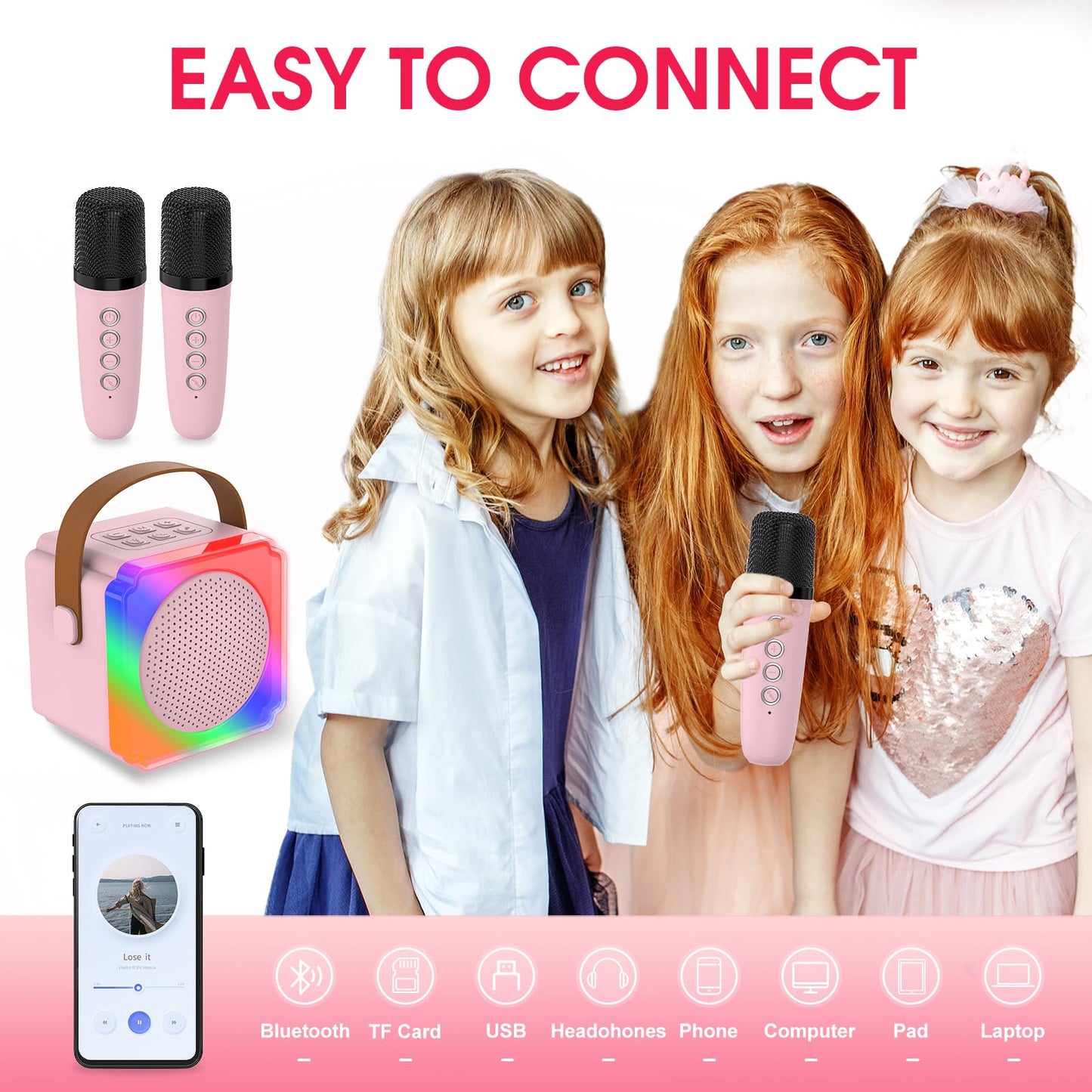 Kids Karaoke Machine For Girls And Boys, Portable Bluetooth Speaker With 2 Wireless Microphones, Birthday Gifts For Girls Ages 3
