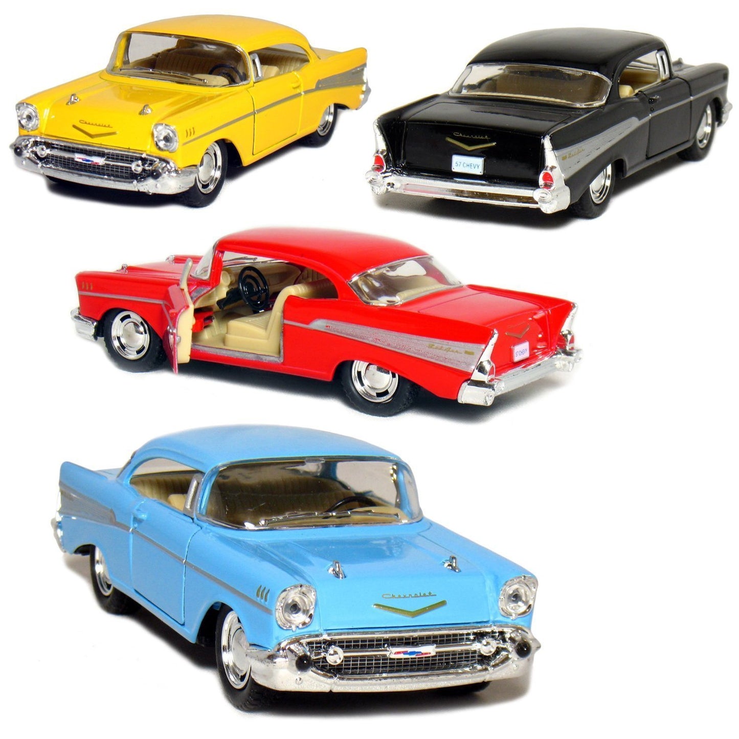 KiNSMART 1957 Chevy Bel Air Coupe Set of 4 Die Cast Metal Pull Back Toys, 1:40 Scale, Black, 5 Inch