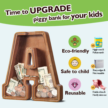 Customized Name Large Wooden Piggy Bank For Kids Boys Girls Alphabets Letter A-Z Coins Bills Money Change Bank Box Initial On Clear Cover (Laser Engraved) (Alphabet-I, Initial-12)