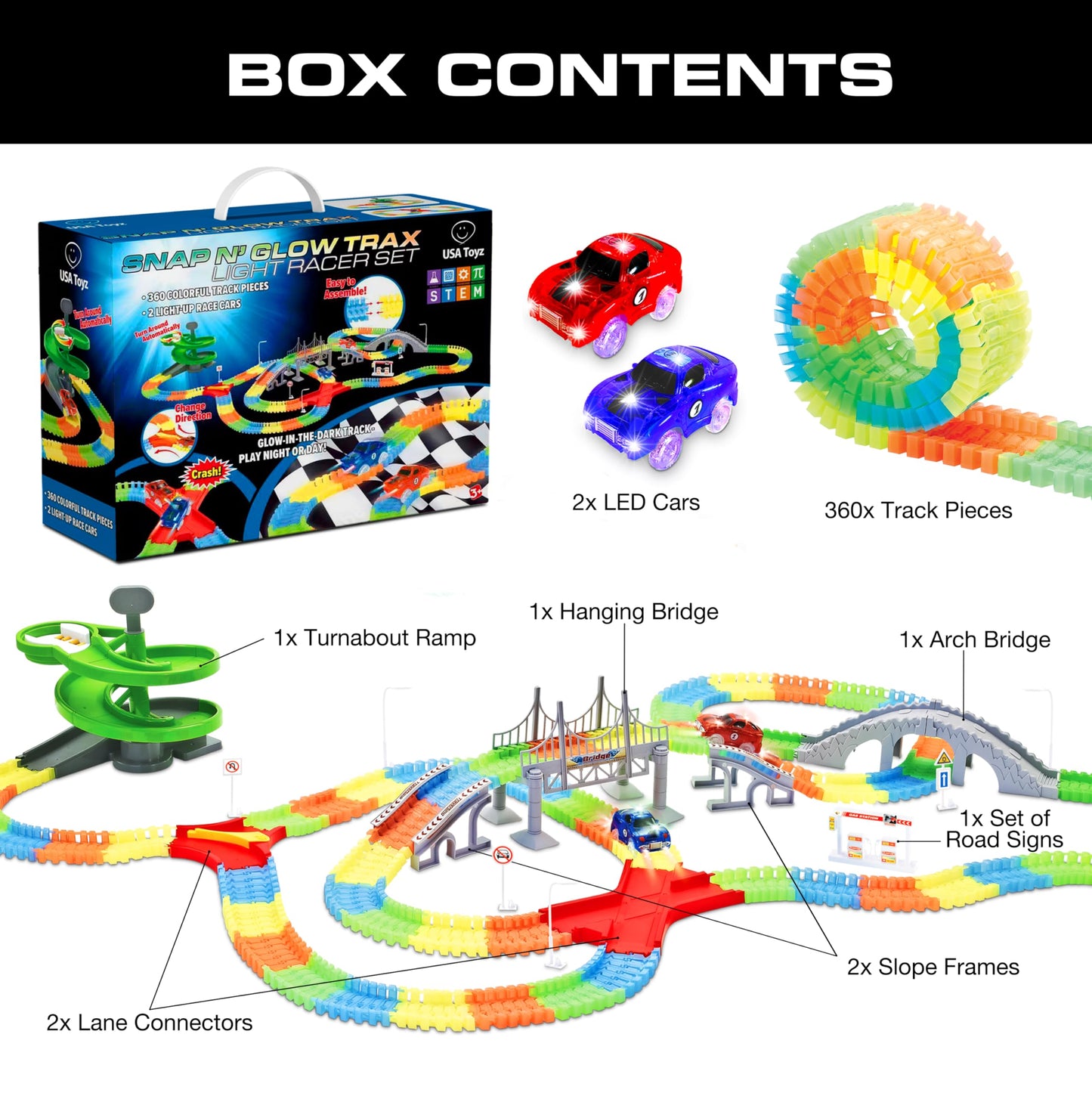 USA Toyz Glow Trax Race Track Set - 380pc Glow in The Dark, Large, Plastic, CF1302, Includes 2 LED Cars, 2 Bridges, STEM Toys for Kids