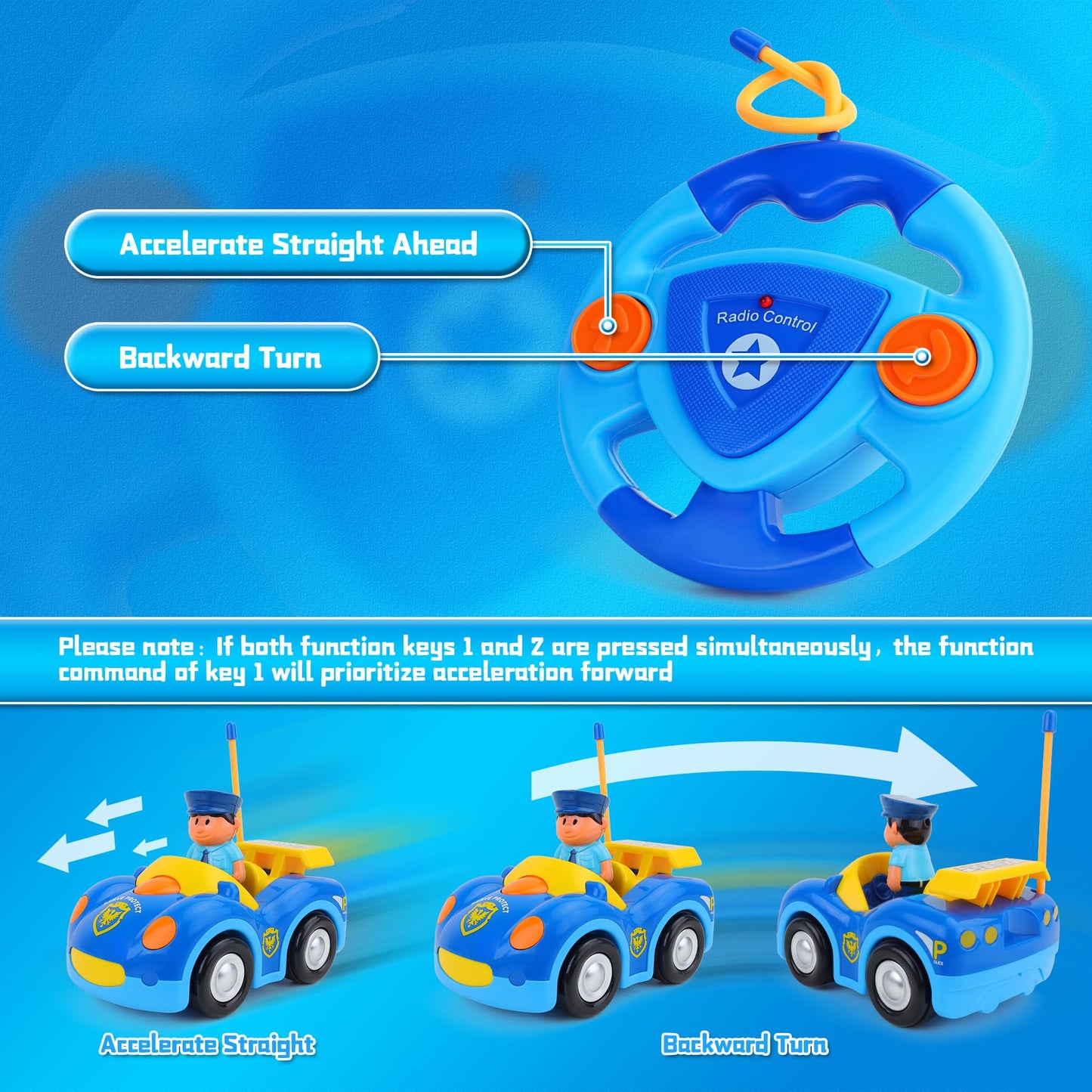1 Pack Cartoon Remote Control Cars - Police Car & Race Car for Toddlers 2-4 Year RC Distance 164 Feet with LED Lights & Music, T