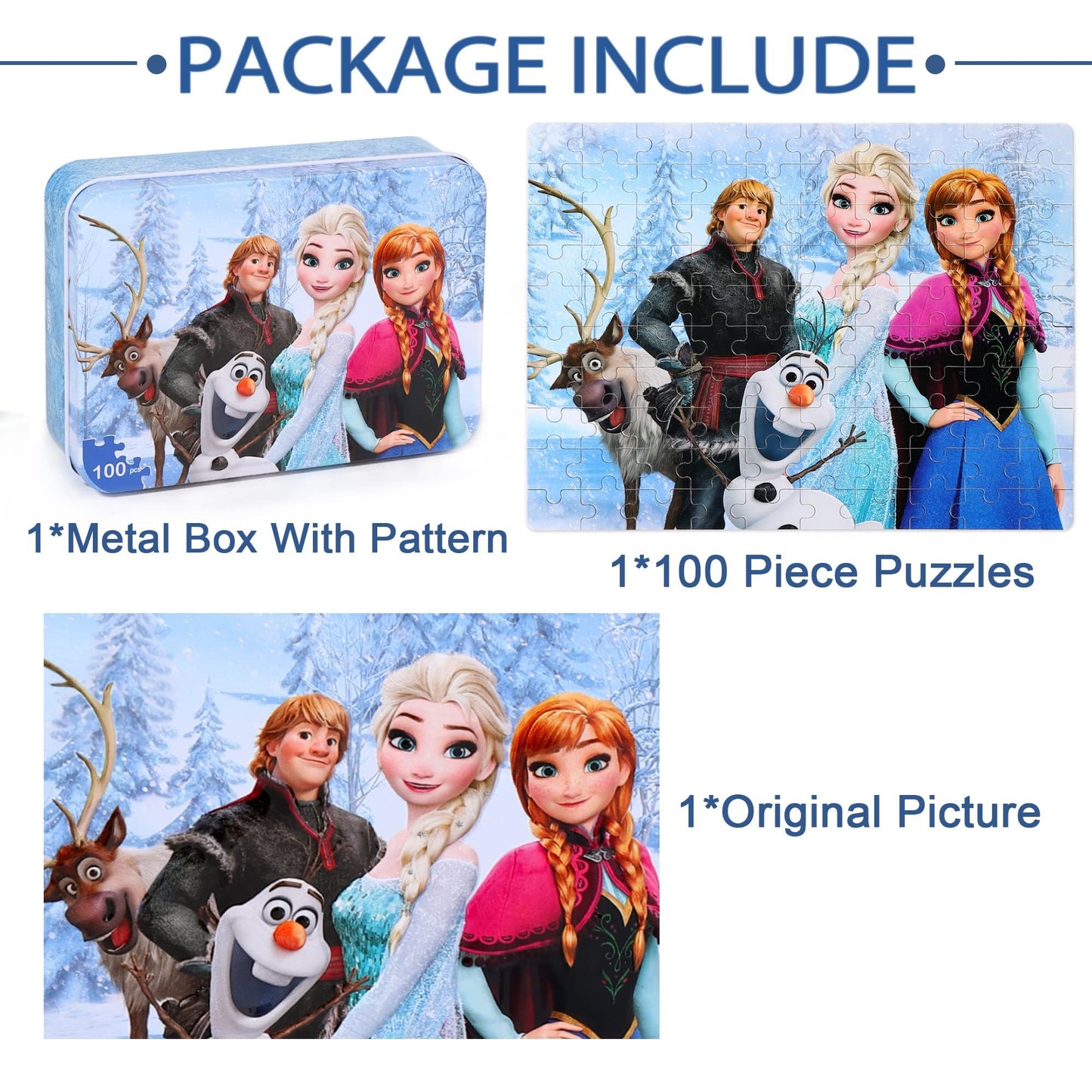 LELEMON Snowmen 100 Piece Puzzles for Kids Ages 4-8, Educational Jigsaw Puzzles in Metal Box, Fun Puzzle Games for Girls and Boys
