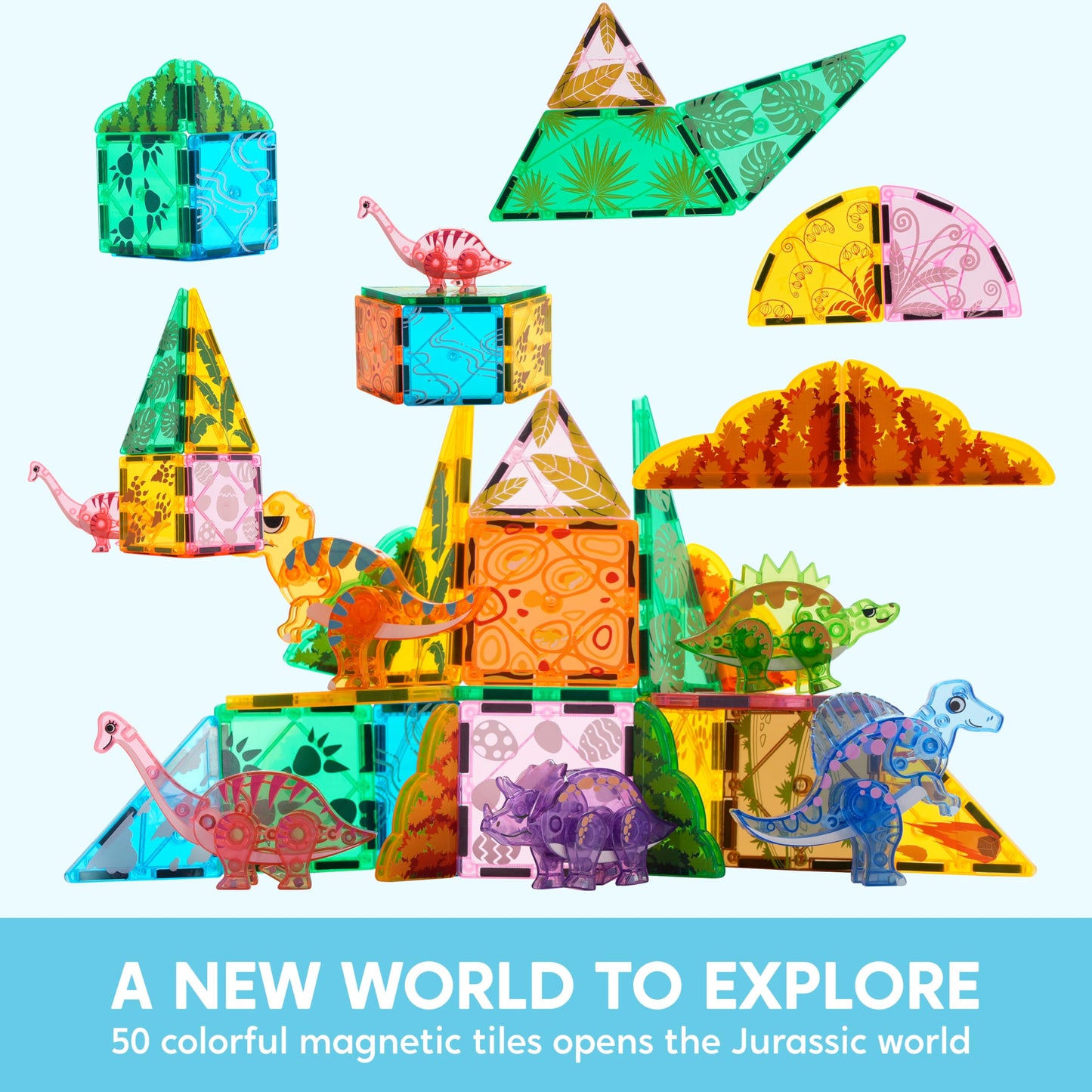 Syncfun Magnetic Building Tiles Dinosaur Set For Kids, 50Pcs Including 5 Cute Dinosaurs, Educational Stem Toy For Boys & Girls A