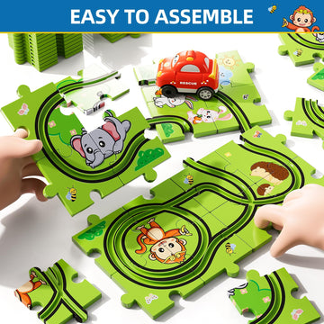 Bennol 73-Piece Toddler Jigsaw Puzzle Race Track Car Set, Plastic, for 2-5 Year Old Boys, Model YH005A-B3, Color 005a-