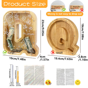 weallbuy Large Letter Piggy Bank for Kids Boys Girls Wooden Personalized Piggy Banks A-Z with Target Area Clear Alphabet Banknote Coin Banks for Gift Decoration Baptism (Q)