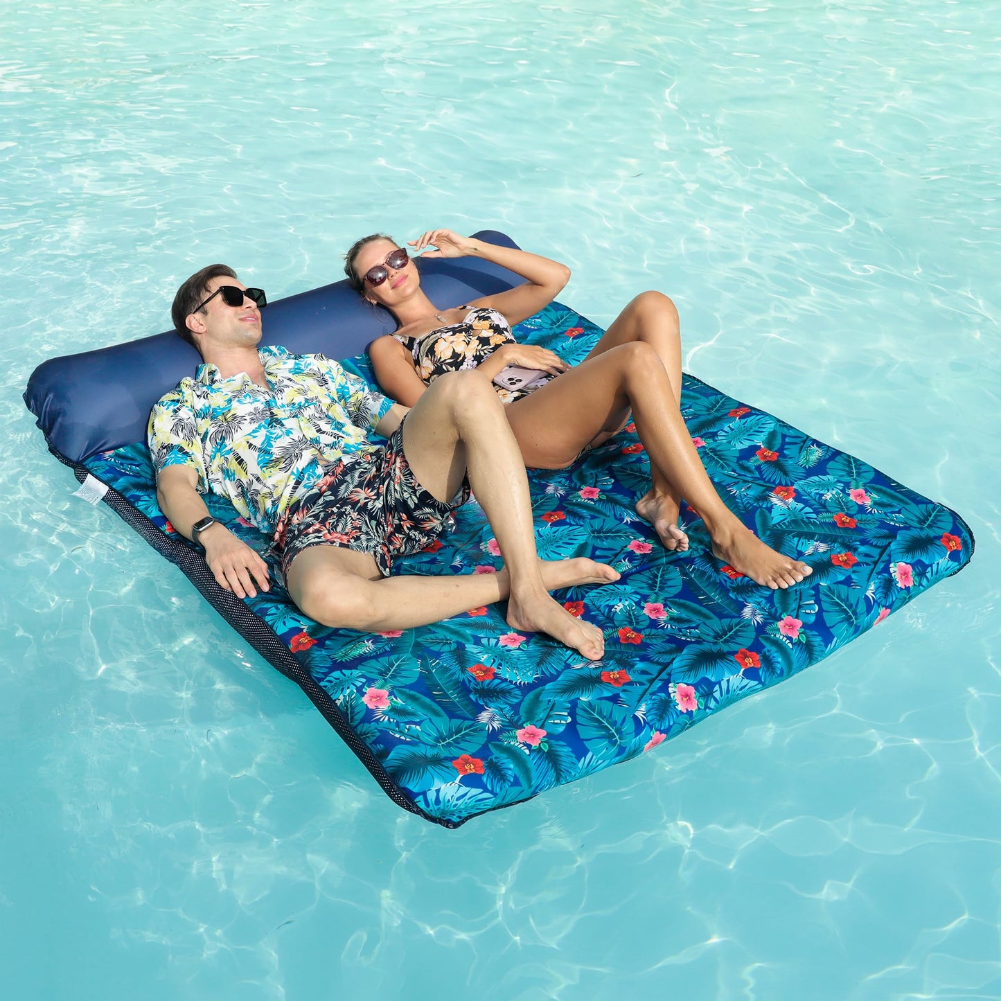 Finduwill Ultra Comfort Pool Floats Raft - 77'' Full Size Fabric Covered Inflatable Pool Lounger Mattress With Pillow For 2 Pers