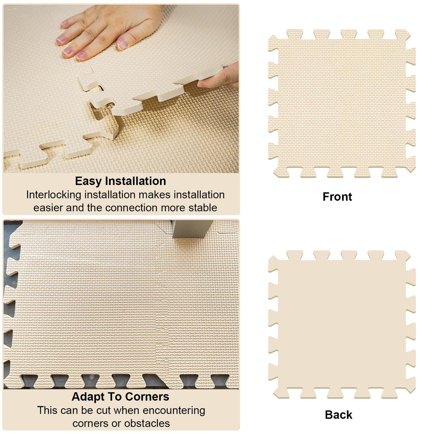 Hiwhy Puzzle Play Mat 48 Tiles with 96 Border Pieces, Interlocking Stitching Mat with Border for Living Room Playroom Gym, Beige