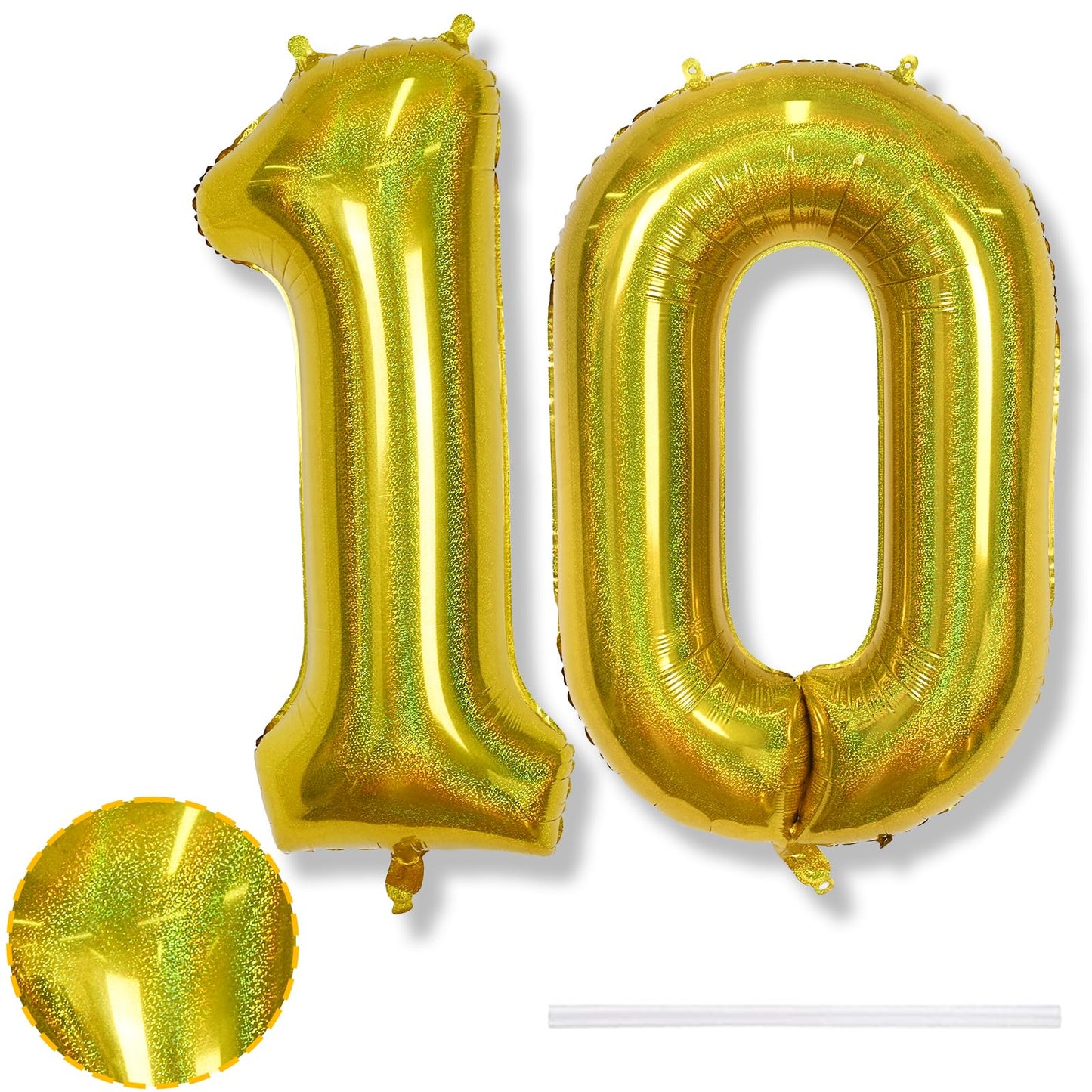 10Th Birthday Balloons For Boys, Large Laser Gold Foil Number 10 Balloons, 40'' Self Inflating Helium Balloons Anniversary Party