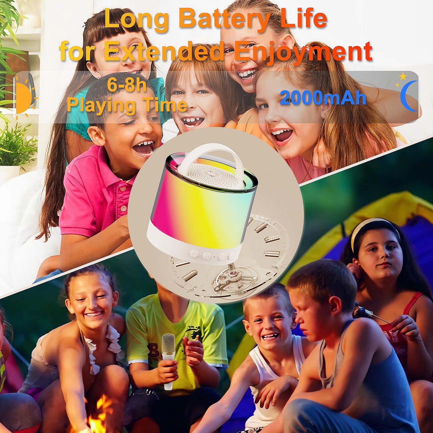 Vekk Mini Karaoke Machine For Kids With 2 Wireless Microphones, Portable Bluetooth Speaker With Colorful Ambient Lights, Ideal H